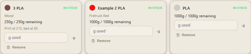 Real filament spools tracked in WouldBuild -- brand, color, and remaining grams at a glance