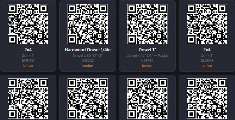 A real printable QR label sheet generated from a WouldBuild inventory